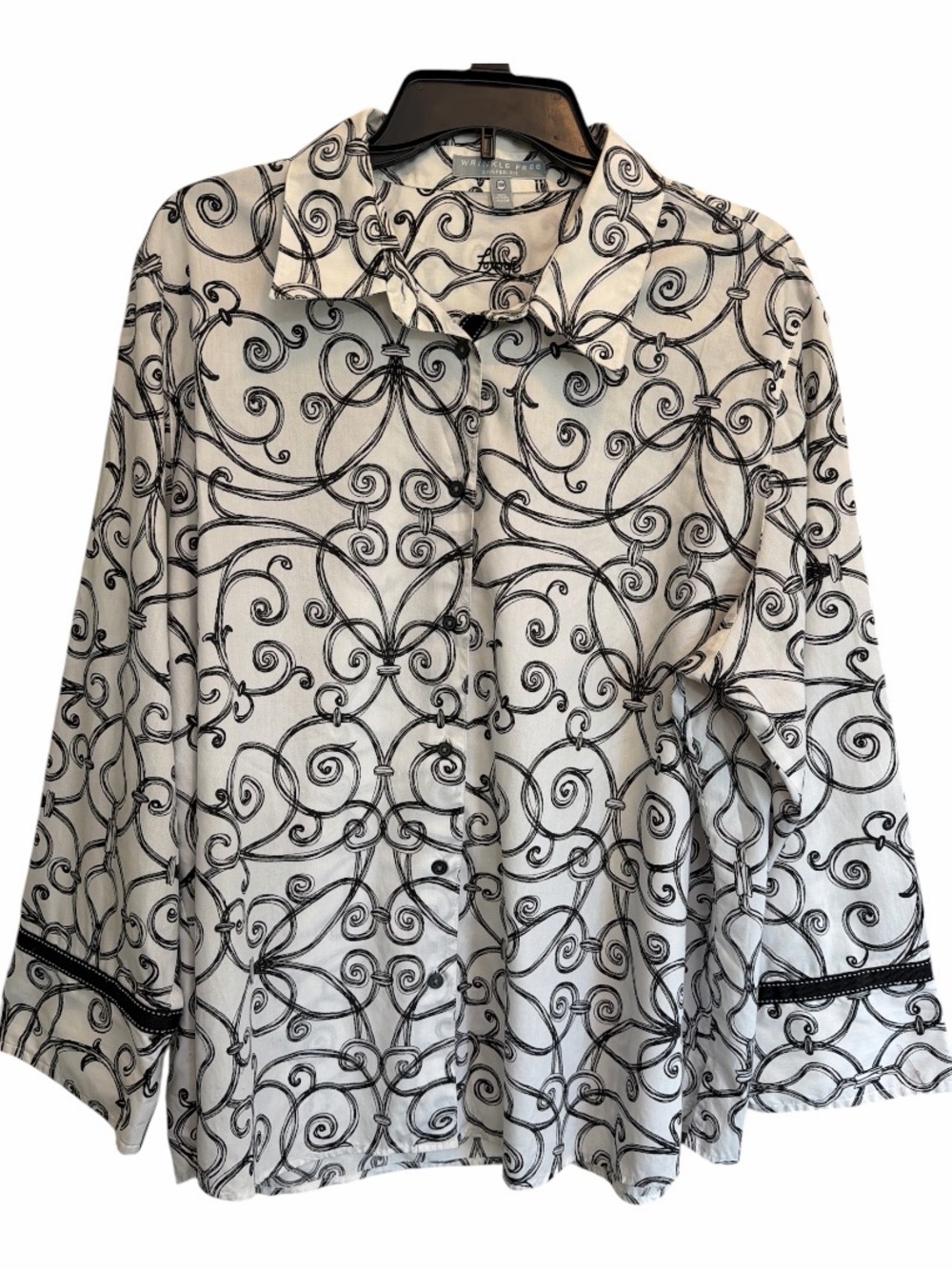 Foxcroft Wrinkle Free Scroll Print Blouse 20W Black White Career Chic Plus Size - Picture 5 of 7